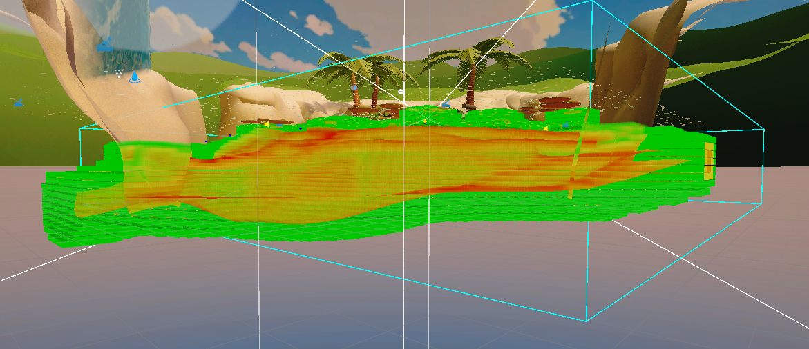 Colour-coded voxel grid rendered over the lake